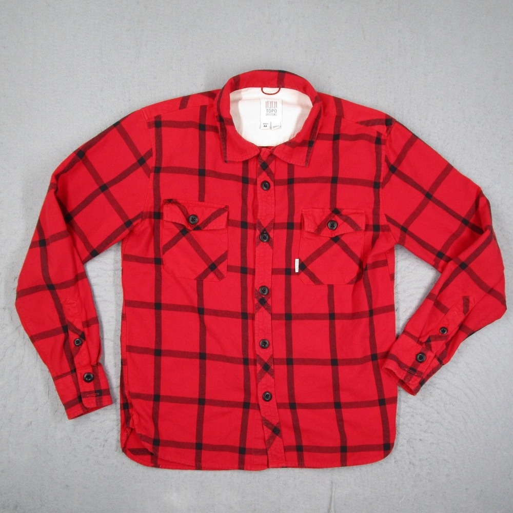 Topo Designs Men Red Black Plaid Organic Cotton Flannel Shirt Size M Long Sleeve